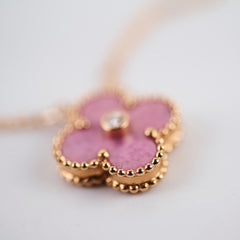 Van Cleef & Arpels Alhambra Pink Rhodonite Diamond Necklace Holiday Pendant 2021 Van Cleef & Arpels Alhambra Pink Rhodonite Diamond Necklace Holiday Pendant 2021