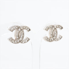 Chanel Coco Logo Silver Rhinestone Earrings Costume Jewellery