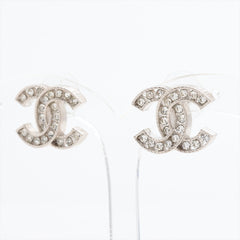 Chanel Coco Logo Silver Rhinestone Earrings Costume Jewellery