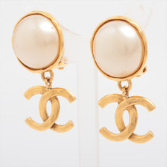 Chanel Coco Logo Pearl Gold Clip On Earrings Costume Jewellery