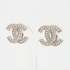 Chanel Coco Rhinestone Pearl Silver Clip On Earrings Costume Jewellery
