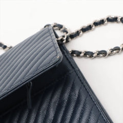 Chanel Chevron Caviar Wallet on Chain Navy