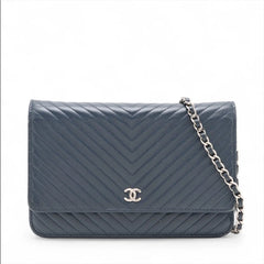Chanel Chevron Caviar Wallet on Chain Navy