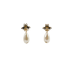 Gucci Aged Gold Finish Bee Earrings with Drop Pearl