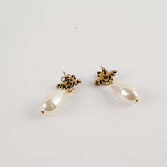 Gucci Aged Gold Finish Bee Earrings with Drop Pearl