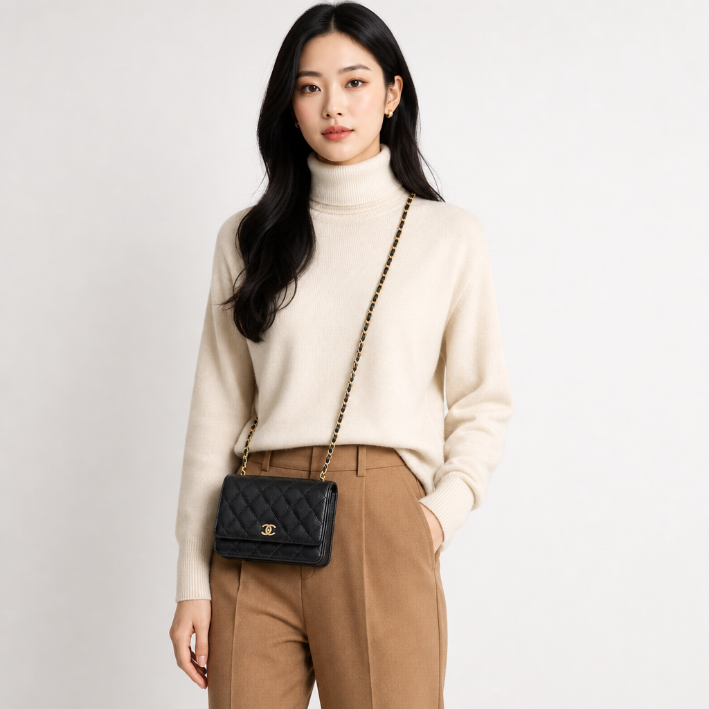 Chanel Wallet On Chain WOC Black Caviar - AI model shot (asian)