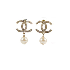 Chanel CC Crystal Pearl Drop Earrings Costume Jewelery