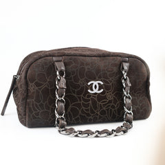 Chanel Brown Suede Camelia Bowling Bag