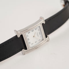 Hermes H Heure Watch Small Model, 25mm, Diamond Black Leather MOP Face