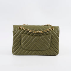 Chanel Medium Classic Flap Khaki Green Chevron Calfskin GHW