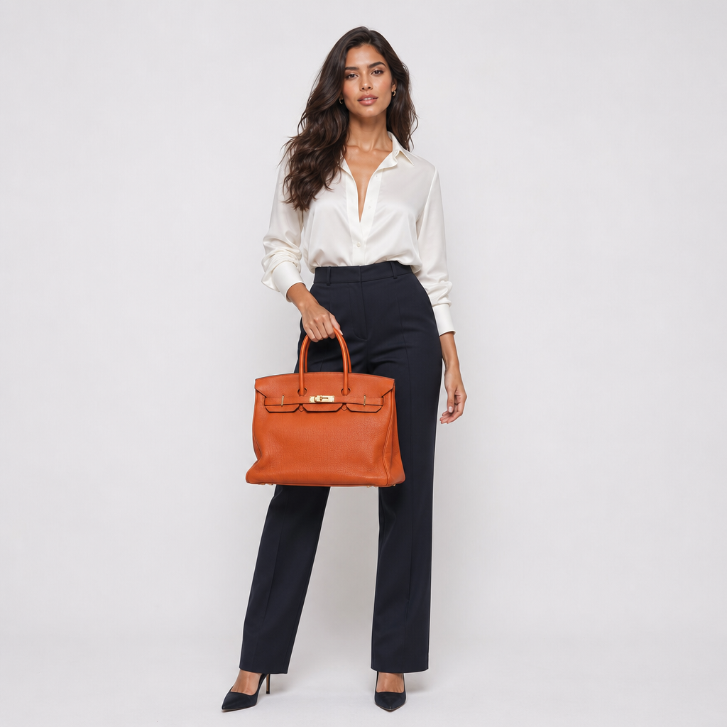 Hermes Birkin 35 Orange O Square Stamp - AI model shot (latina)