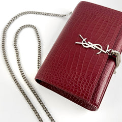 Saint Laurent Medium Kate Crocodile Embossed Burgundy