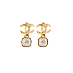 Chanel Gold CC Square Pearl Drop Earrings Costume Jewellery