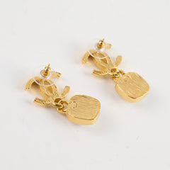 Chanel Gold CC Square Pearl Drop Earrings Costume Jewellery