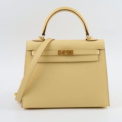 Hermes Kelly 25 Jaune Poussin Epsom Sellier X Stamp 2016