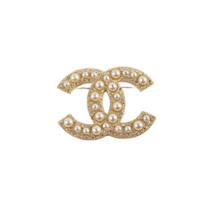Chanel CC Logo Gold Pearl Rhinestone Brooch Costume Jewellery