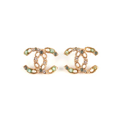 Chanel Coco Logo Green Pearl Rhinestone Earrings Costume Jewellery