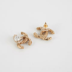 Chanel Coco Logo Green Pearl Rhinestone Earrings Costume Jewellery
