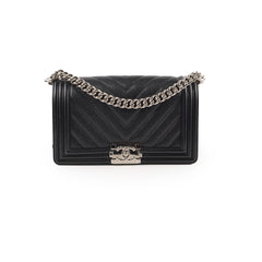 Chanel Old Medium Boy Bag Black Caviar Chevron SHW