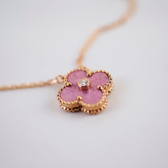 Van Cleef & Arpels Alhambra Pink Rhodonite Diamond Necklace Holiday Pendant 2021
