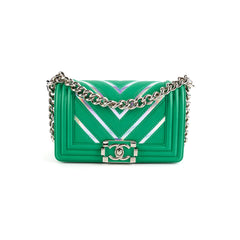 Chanel Chevron Boy Small Green With Holographic PVC