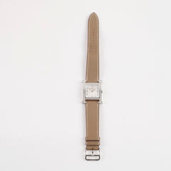 Hermes H Heure MM Mother Of Pearl Watch with 2 straps Etoupe and Blue Electric