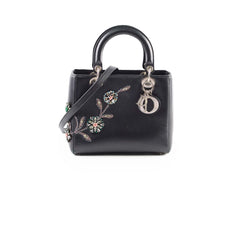 Christian Dior Smooth Calfskin Embroidered Crystal Lady Dior Bag Black