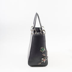 Christian Dior Smooth Calfskin Embroidered Crystal Lady Dior Bag Black