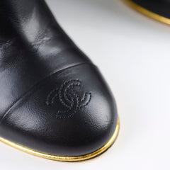 Chanel Lambskin Cap Toe Wedge Boots with Gold Trim Black