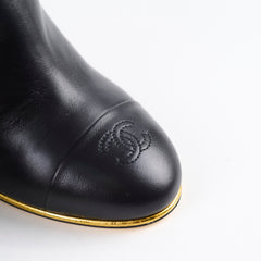 Chanel Lambskin Cap Toe Wedge Boots with Gold Trim Black