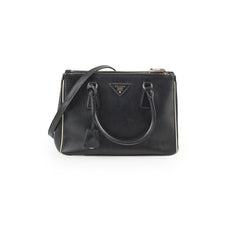Prada Small Galleria Double Zip Tote Black (white binding)