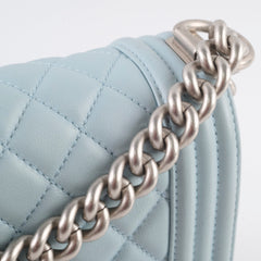 Chanel Dusty Blue Medium Boy Bag Lambskin Brushed Silver HW (microchip)