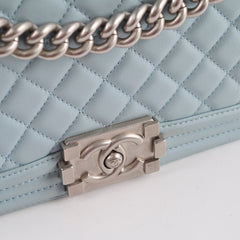 Chanel Dusty Blue Medium Boy Bag Lambskin Brushed Silver HW (microchip)