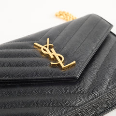 Saint Laurent Cassandre Matelasse Envelope Black Wallet on Chain