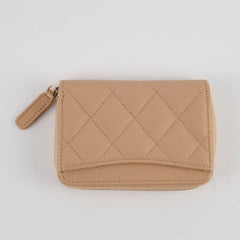 Chanel Caviar Zip Around Compact Wallet Beige