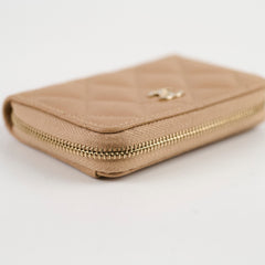 Chanel Caviar Zip Around Compact Wallet Beige
