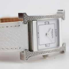 Hermes 25mm H Heure Small with Diamonds Blanc