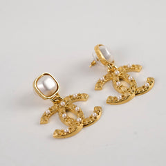 Chanel Faux Pearl Resin Gold CC Drop Earrings