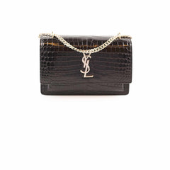 Saint Laurent Mini Sunset Black Crocodile Embossed Leather