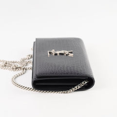 Saint Laurent Croc Embossed Wallet on Chain Black