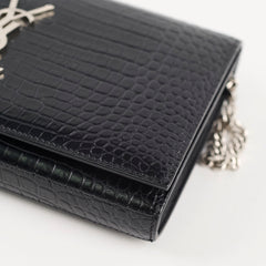 Saint Laurent Croc Embossed Wallet on Chain Black