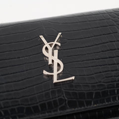 Saint Laurent Croc Embossed Wallet on Chain Black