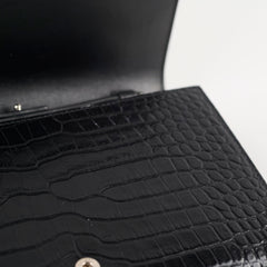 Saint Laurent Croc Embossed Wallet on Chain Black