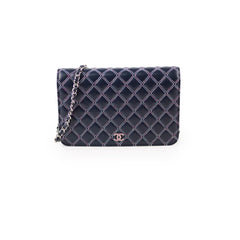 Chanel Quilted Lambskin WOC Double Stitched Wallet On Chain Navy