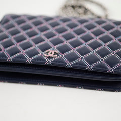 Chanel Quilted Lambskin WOC Double Stitched Wallet On Chain Navy