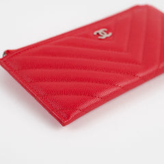 Chanel Chevron Long Zipped Wallet / Card Holder Caviar Red