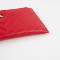 Chanel Chevron Long Zipped Wallet / Card Holder Caviar Red