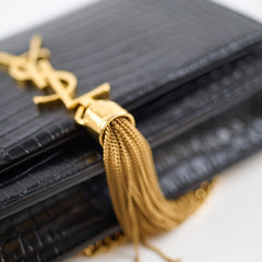 Saint Laurent Kate Tassel Wallet on Chain Croc Black