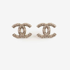 Chanel Large Textured CC Silver Stud Earrings