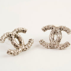 Chanel Large Textured CC Silver Stud Earrings